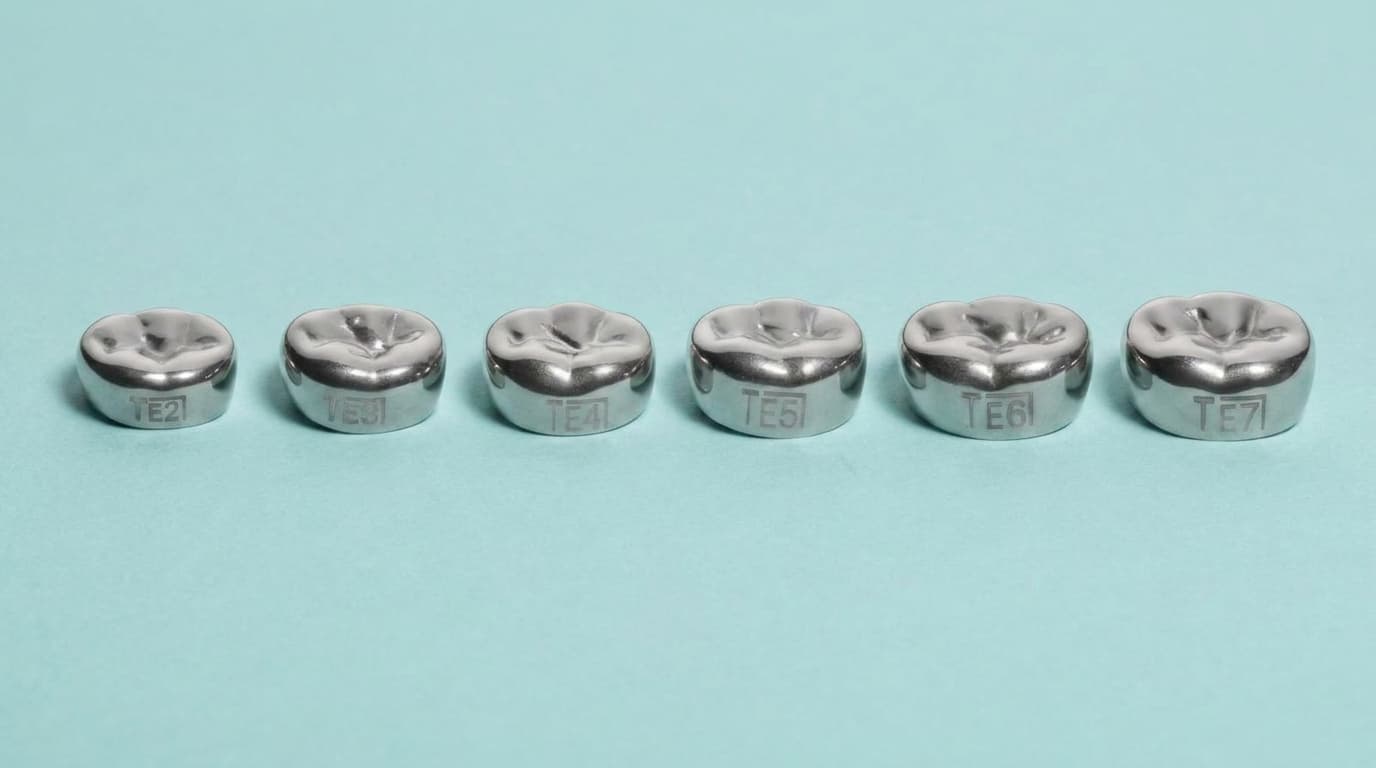 Six sizes of stainless steel molar crowns in a row