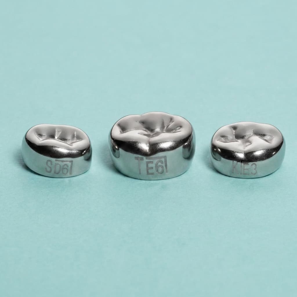Stainless steel molar crowns with laser-etched markings