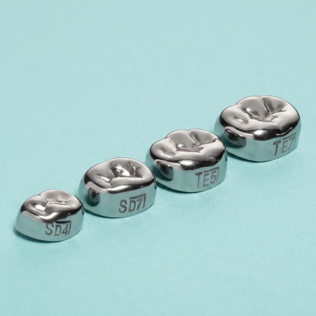 Row of stainless steel molar crowns