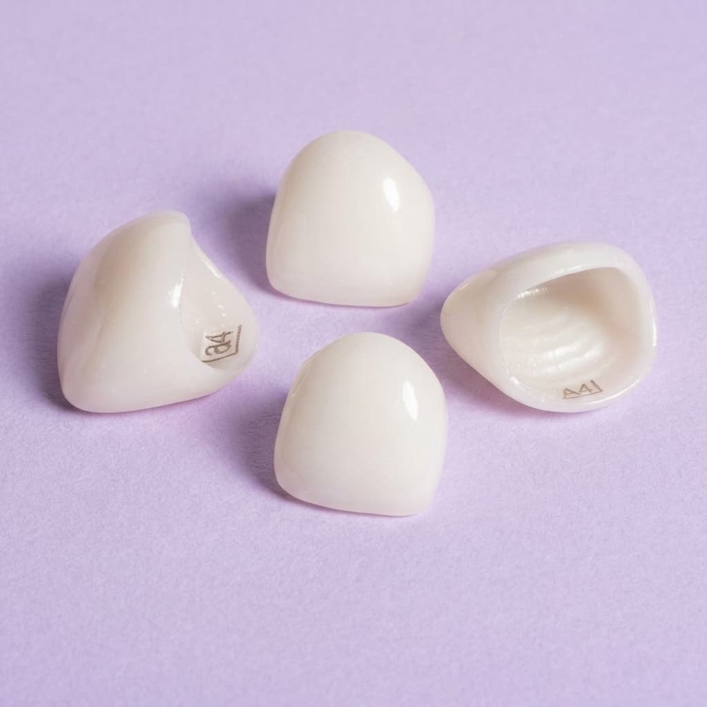 Zirconia incisor crowns showing exterior and interior surfaces