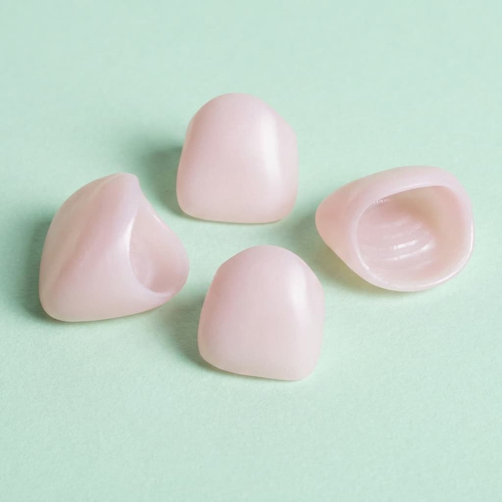Pink zirconia try-in crowns showing interior