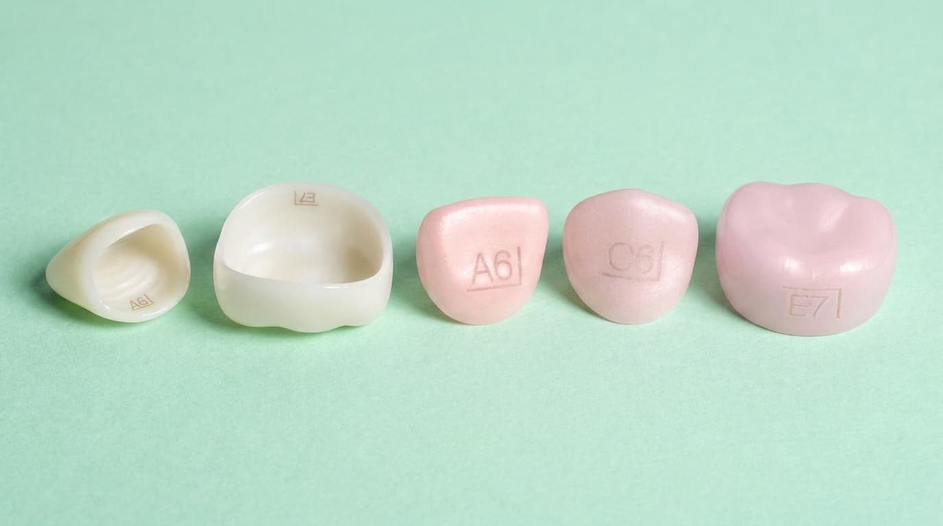 Zirconia crowns and pink try-in crowns side by side
