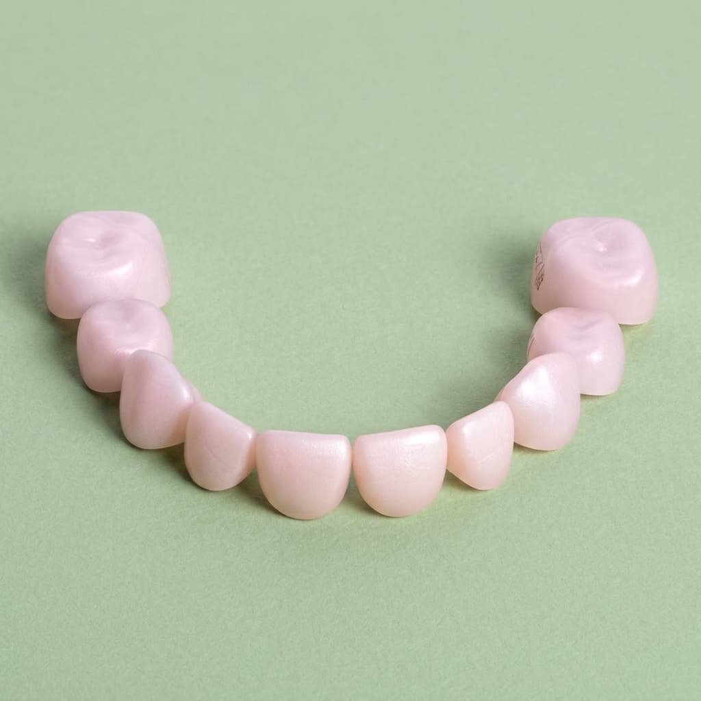 Pink zirconia try-in crowns arranged in an arch