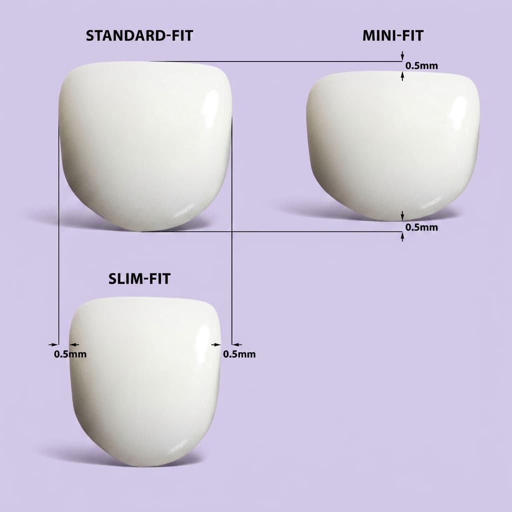 Standard, Mini and Slim fit incisor crowns compared